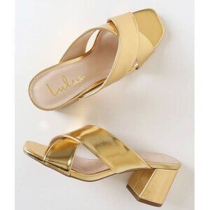NEW Lulus SZ 8.5 Ybarra Gold High Block Heel Sandals Metallic Vegan Criss Cross